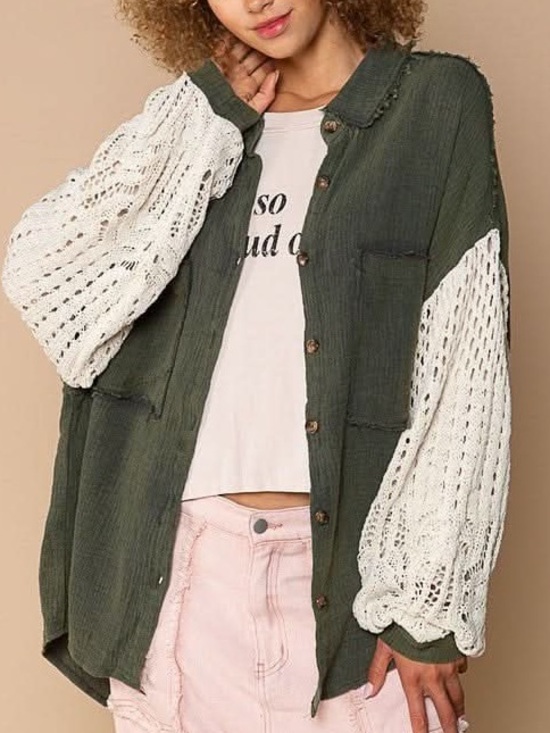 POL Tops - POL Olive Green Button-Up Shacket with Cream Crochet Sleeves - Sz S (039)